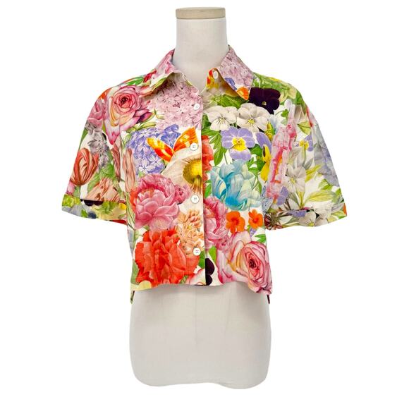 Alice + Olivia Cropped Floral Print Shirt Linen Blend Short Sleeve S Spring - Picture 1 of 7